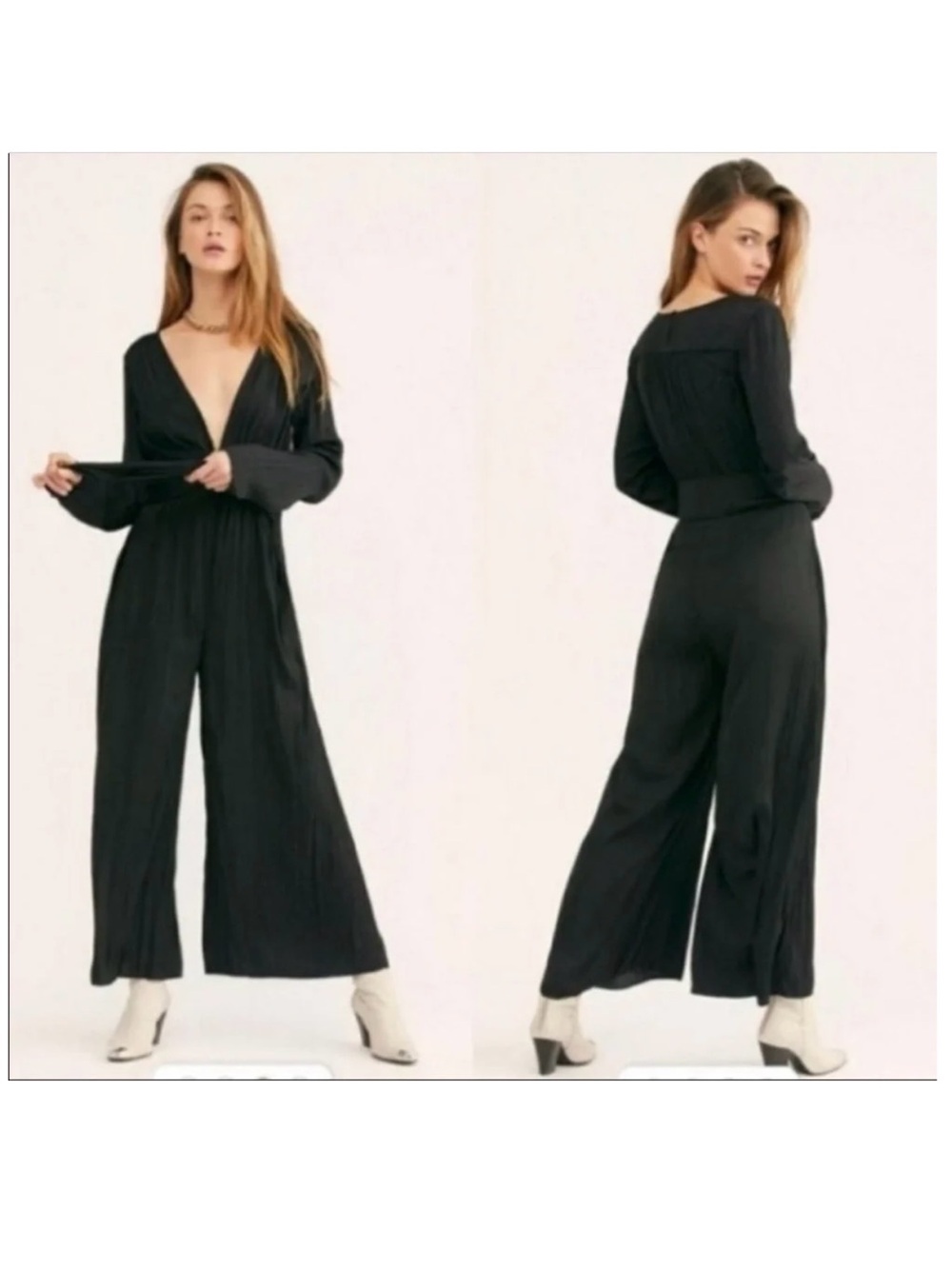 Free People Black Larina Silky Wide Leg Long Sleeve Front Tie Jumpsuit Size 0
